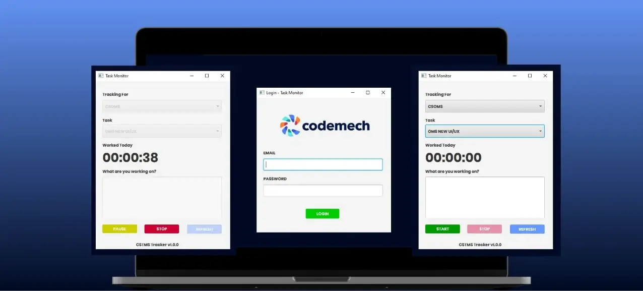 This image displays the Task Monitor platform's login and tracker start interface.
