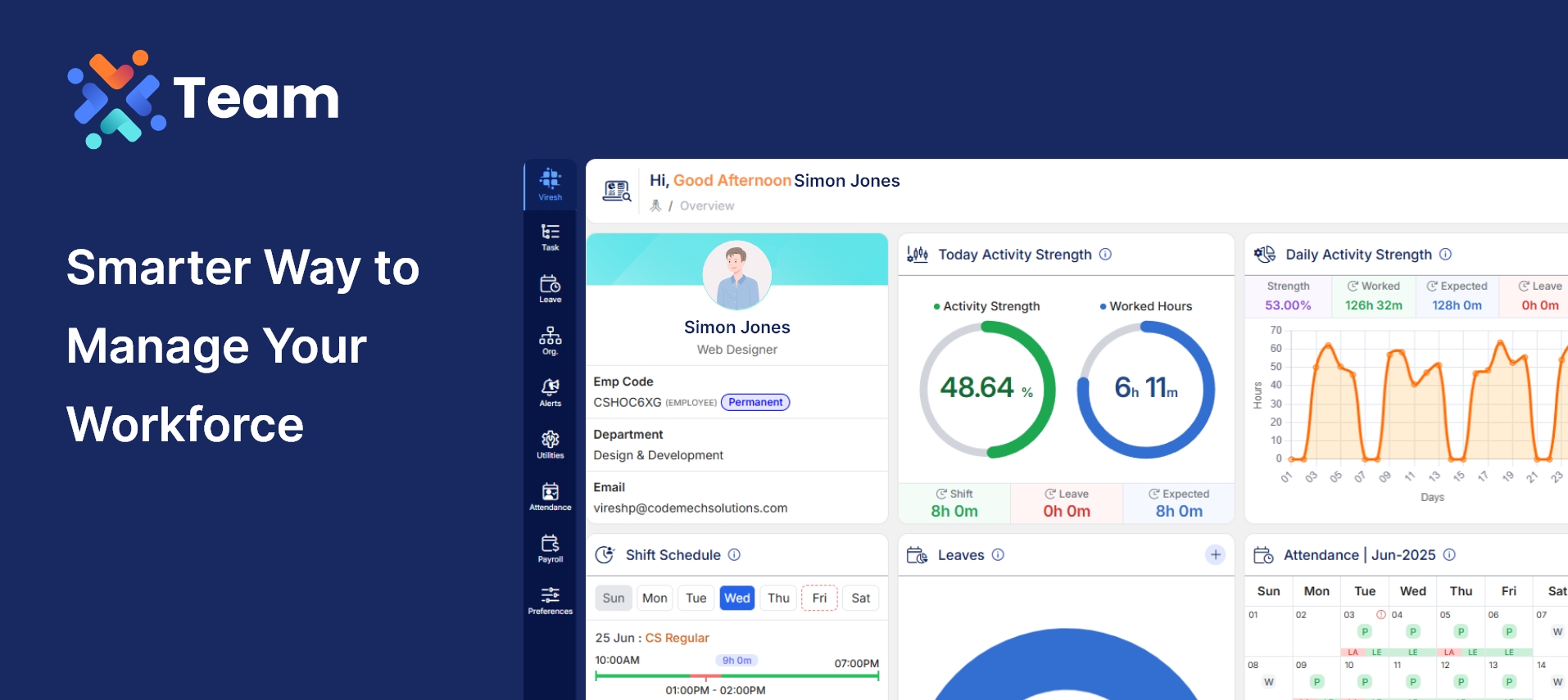 This image showcases the AIWI TEAM dashboard, providing an overview of key modules such as HR, tasks, payroll, and activity tracking.