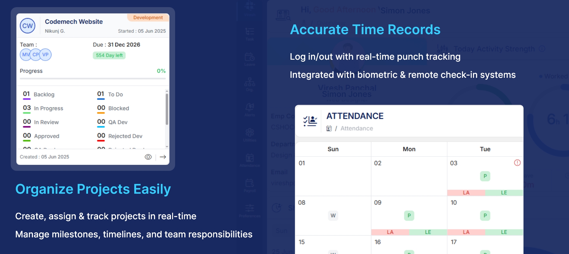 This image highlights the Solmify platform’s employee time management interface, showcasing attendance, login hours, and work tracking features.