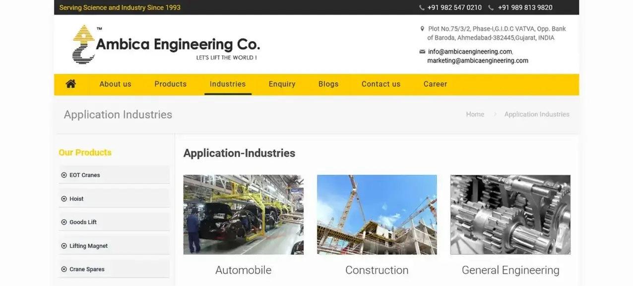 This image showcases our Ambica Engineering Co. portfolio project, specifically the main industries page view.