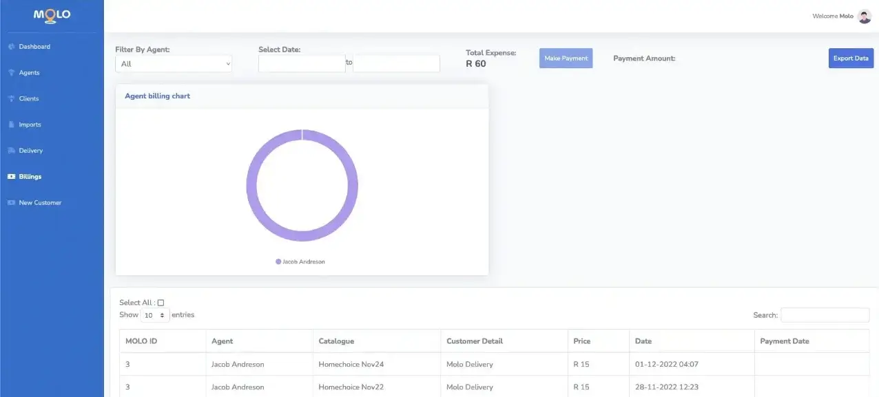 This image showcases the MOLO portfolio project, highlighting the main dashboard interface