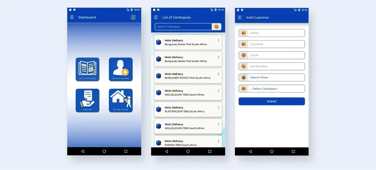 This image highlights three key features of the Molo-App project portfolio: dashboard, catalogue list, and customer addition.