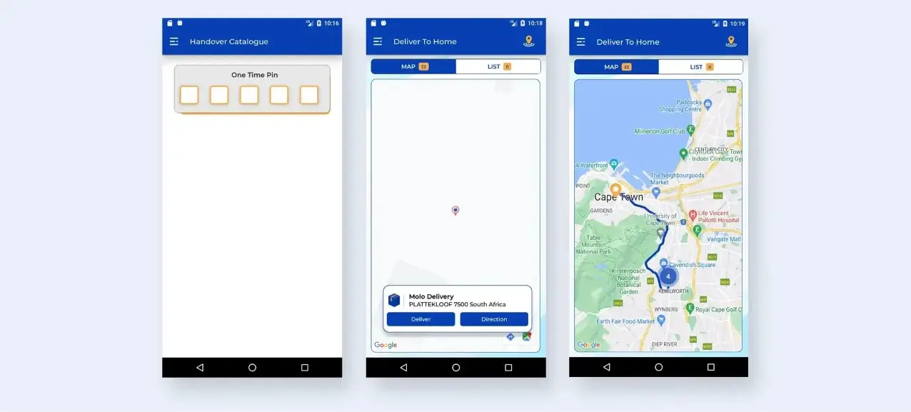 Screens showing OTP input and delivery tracking flow in the Molo Delivery mobile app.