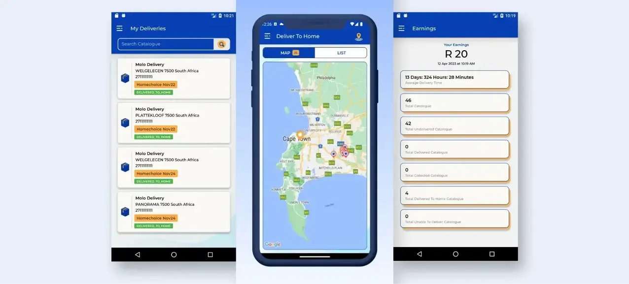 This image shows the Molo Delivery app's delivery list, real-time map tracking, and earnings summary.