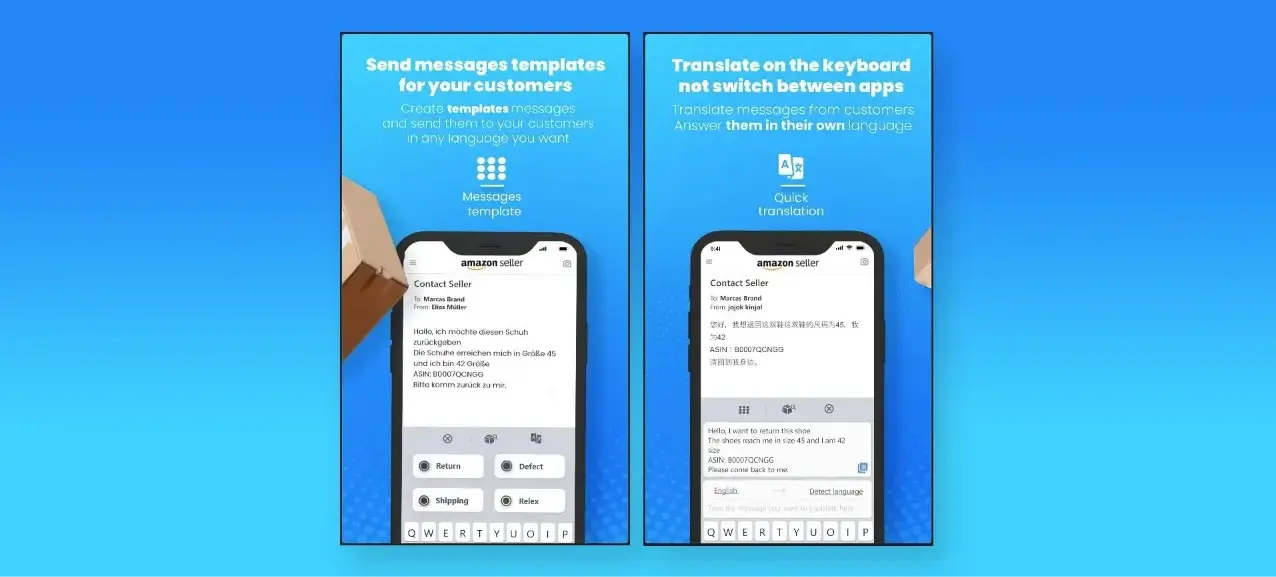 This image shows two different screens: one for message templates and another for quick translation.