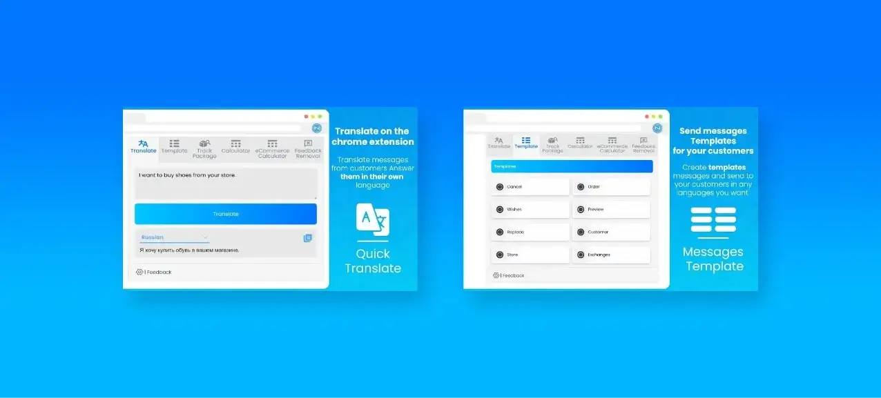 Highlights NeoBoard Lite extension features including message translation and reusable templates to help sellers communicate with customers in multiple languages efficiently.