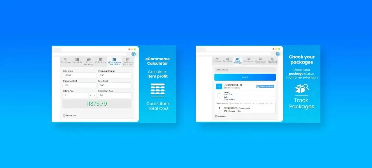 Displays NeoBoard Lite Chrome extension with eCommerce profit calculator and package tracking features for efficient online selling.