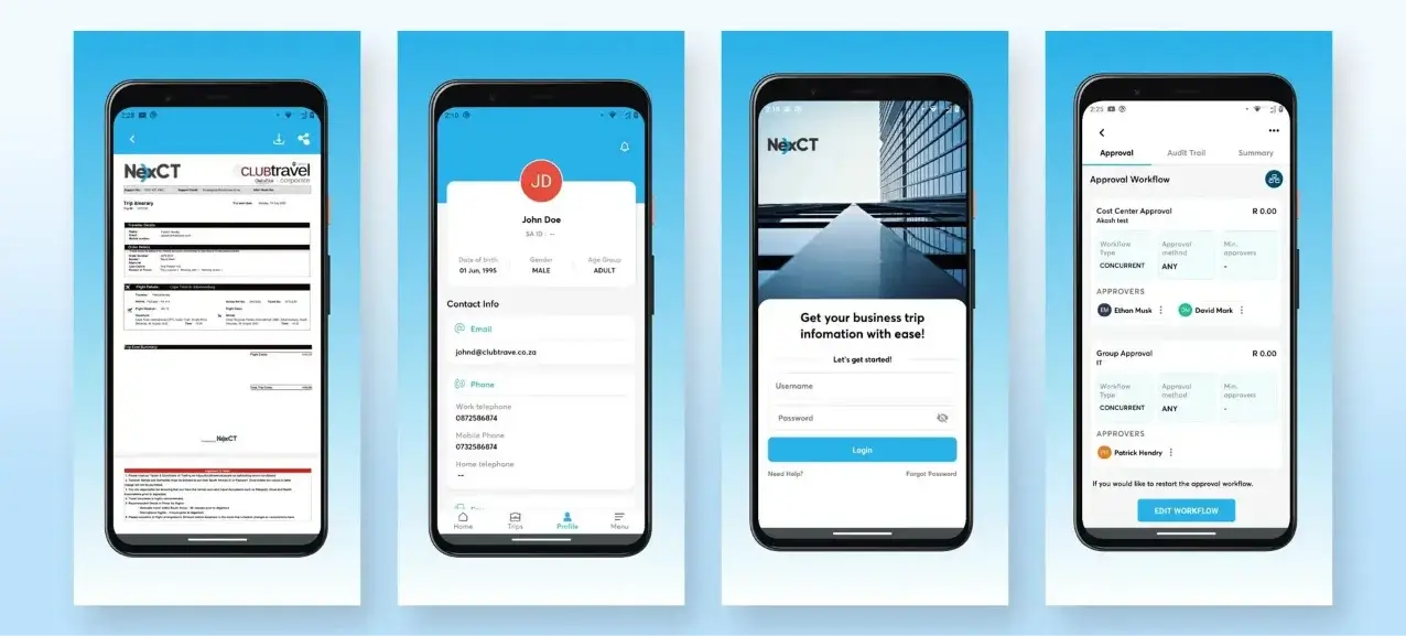 This image showcases the NexCT business travel mobile app interface.