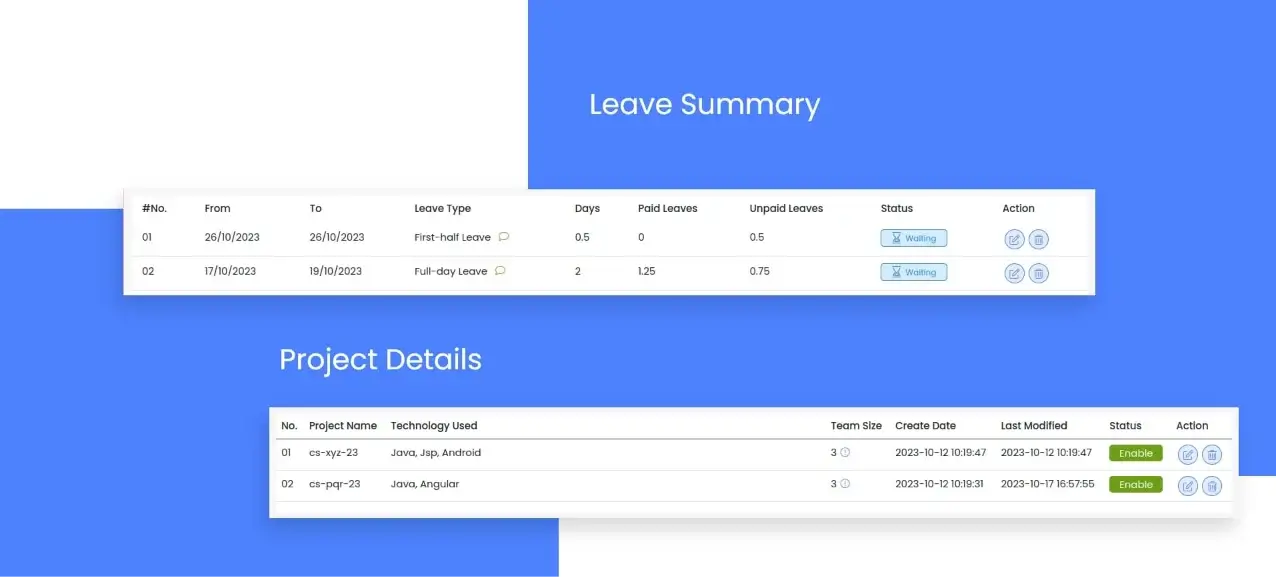 This image highlights the OMS project interface, showcasing employee leave management and holiday tracking features.