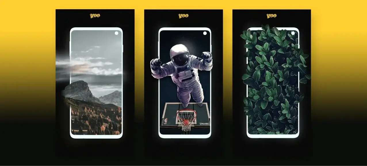 This image shows three different types of wallpapers displayed across various screens in the Yoo Wallpapers app