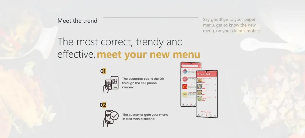 Showcases a QR-based digital menu system that lets customers access restaurant menus instantly on their phones.