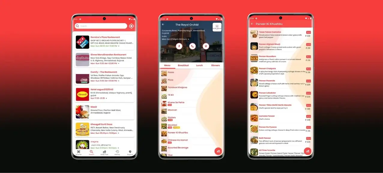 This image shows different inner screens from various tabs in the Zomenu app interface.