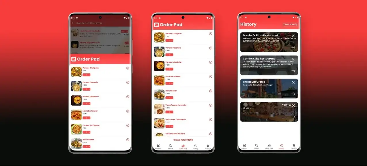 This image shows the order pad and order history from different hotels in the Zomenu app.