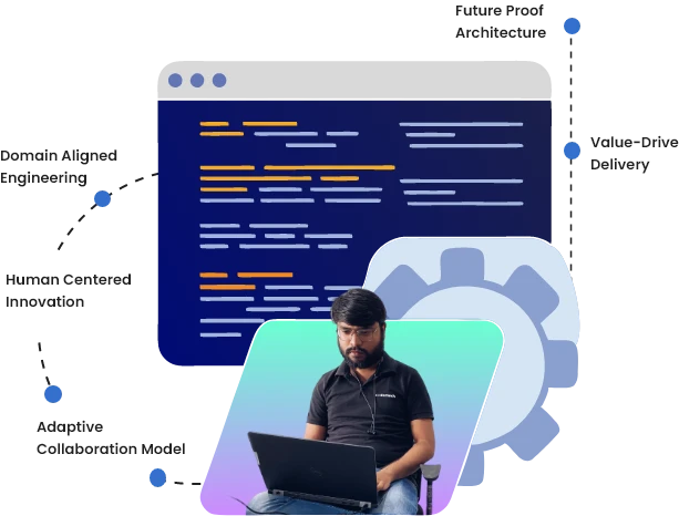 This image features a person with a semi-circular layout highlighting key benefits of Software Engineering.