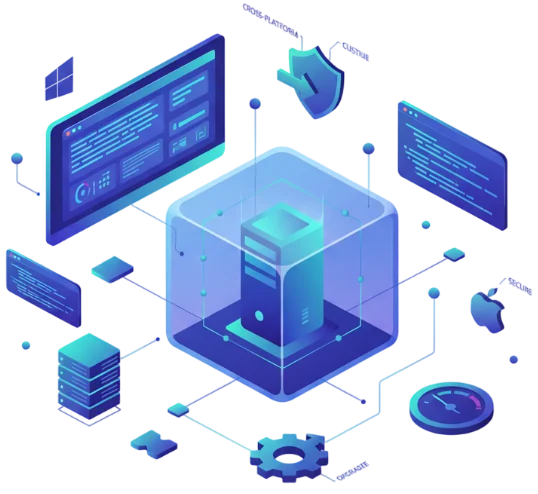 This image highlights key advantages of our desktop software: scalable, versatile, secure, efficient and intuitive