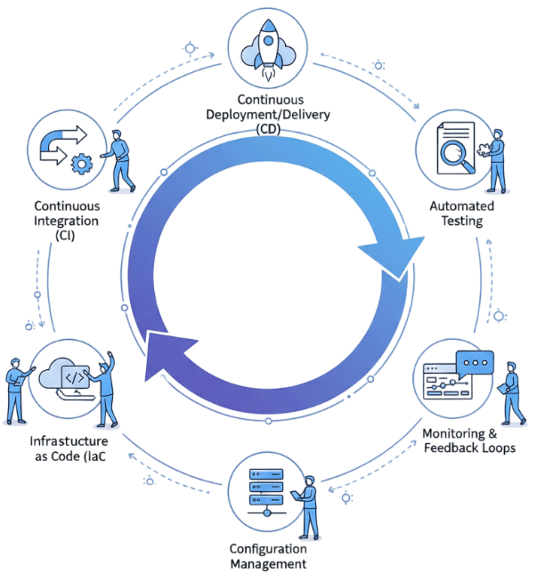 This image shows our DevOps Automation process, including infrastructure deployment, code building, testing, and deployment.