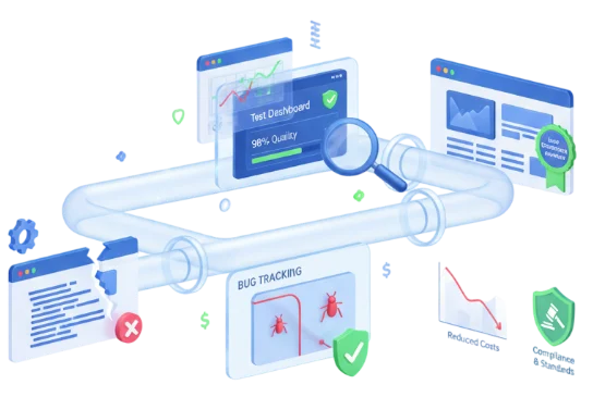 This image shows the QA testing process we follow, including requirement analysis, environment setup, test planning, case development, and execution