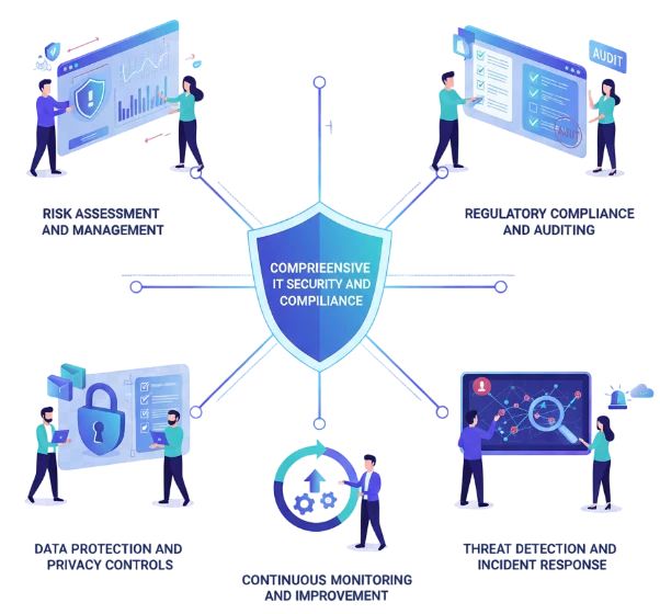 This image highlights our Security and Compliance Services, focusing on compliance management, risk mitigation, and regulatory adherence.