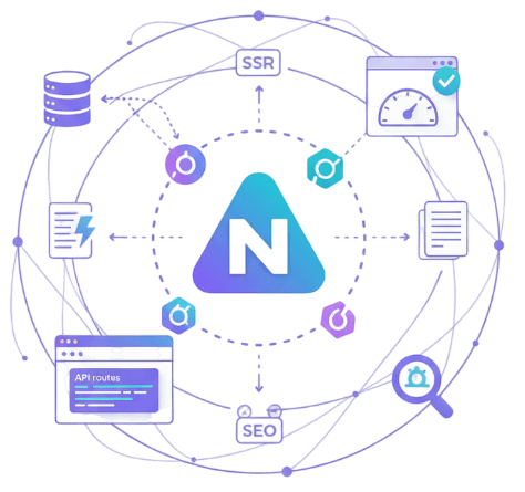 This image showcases Next.js Development features such as server-side rendering, static site generation, routing, and optimization.