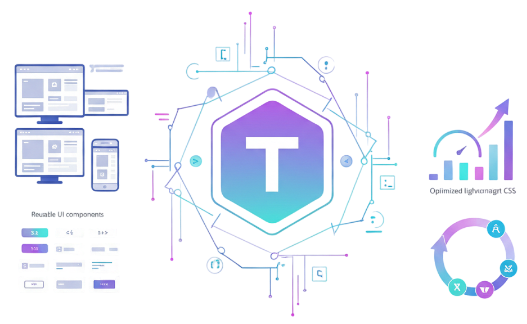 Showcased are key Tailwind CSS development features including utility-first styling, rapid development, customization, and no need for custom CSS.