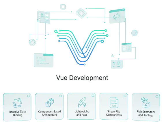 This image showcases our main services, including custom Vue.js development, UI design, and support & maintenance.